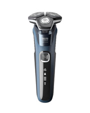 Philips Norelco 5400 frontal mostrando diseño Storm Blue y manejo cómodo