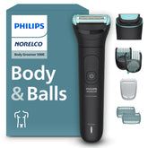 Norelco Body Groomer 5000 vista frontal con dos cabezales y beneficio de versatilidad