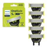 Norelco OneBlade 360 front packaging showing five replacement blades and benefits