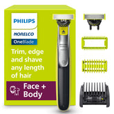 Norelco OneBlade 360 front view showing ergonomic handle and blade, clear styling control