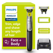 Norelco OneBlade 360 front view showing ergonomic handle and blade, clear styling control