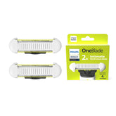 Norelco OneBlade empaque frontal mostrando dos cuchillas y beneficio de recambio seguro