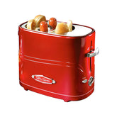 Nostalgia front view of metallic red hot dog toaster showing retro design and quick cooking