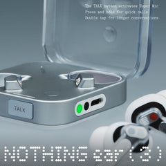 Nothing Ear (3) charging case open with earbuds, showing quick-access lanyard hole and compact form