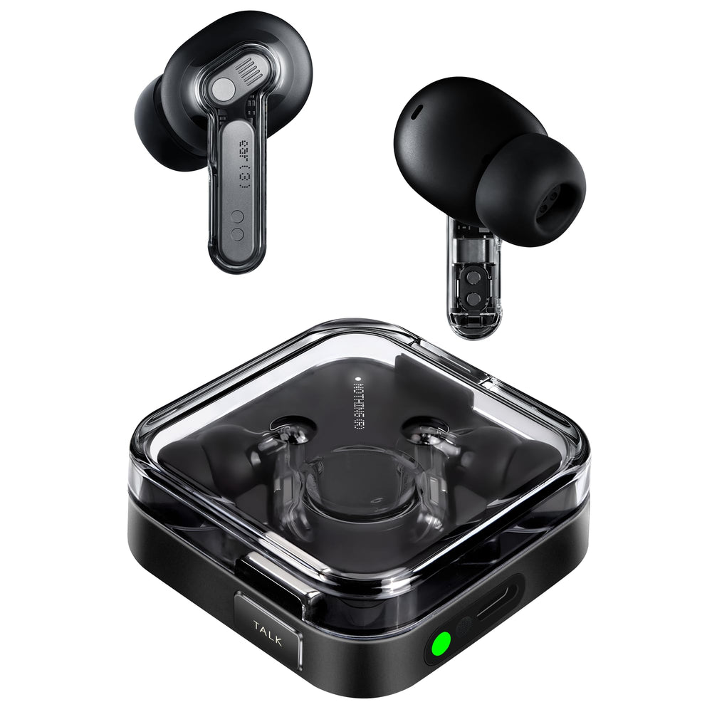 Nothing Ear (3) front view showing earbuds and case, highlighting sleek design and portability