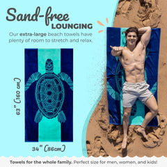 Nova Blue towel draped on lounger showing roomy coverage and relaxation