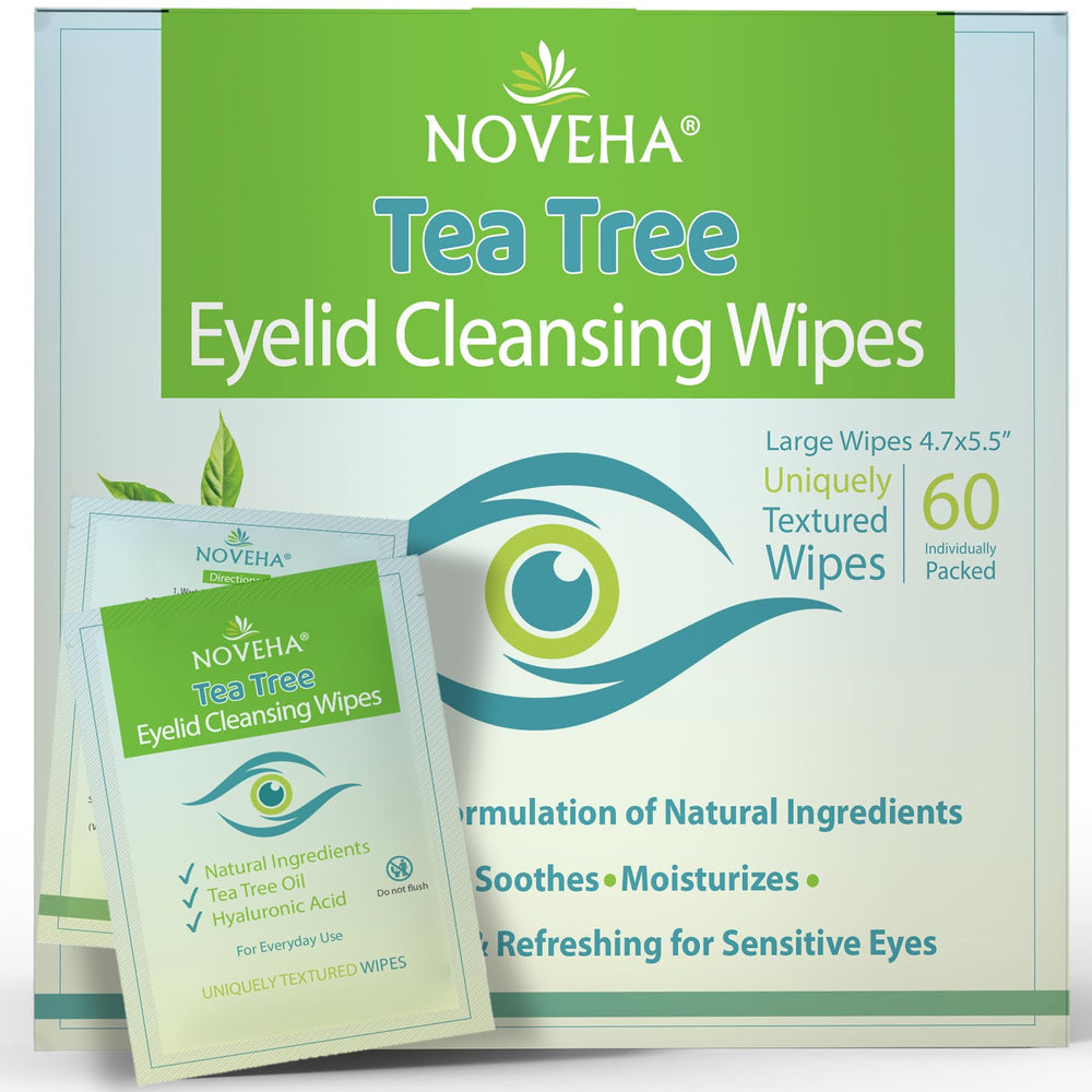 NOVEHA front packaging showing 60 individually wrapped tea tree eyelid wipes and benefits