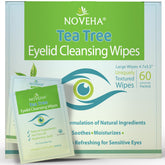 NOVEHA front packaging showing 60 individually wrapped tea tree eyelid wipes and benefits