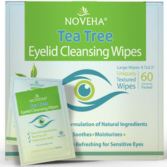 NOVEHA front packaging showing 60 individually wrapped tea tree eyelid wipes and benefits