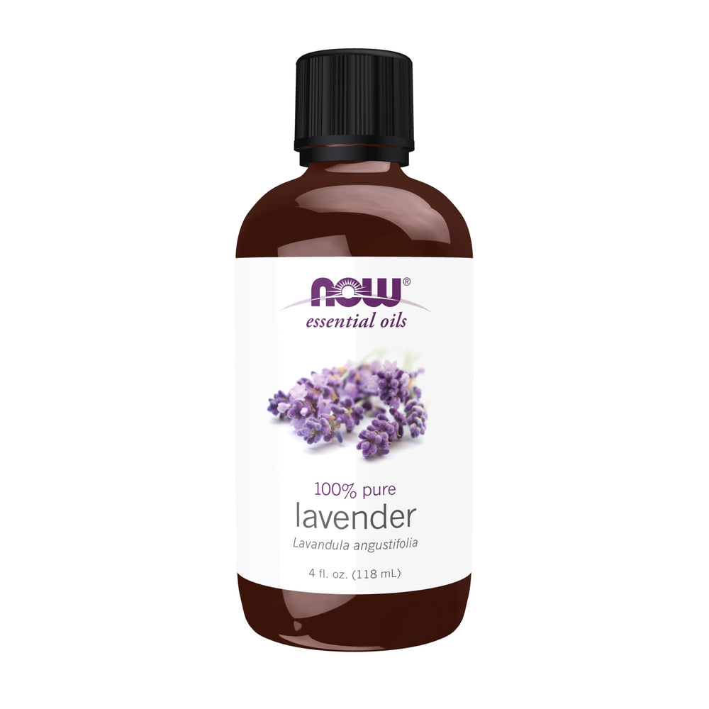 NOW Aceite de lavanda frente del envase mostrando presentación 4 fl. oz y claridad
