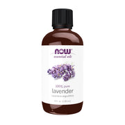 NOW Aceite de lavanda frente del envase mostrando presentación 4 fl. oz y claridad