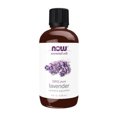 NOW Aceite de lavanda frente del envase mostrando presentación 4 fl. oz y claridad