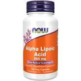 NOW Foods frasco de Alpha Lipoic Acid 250 mg mostrando frente y marca, facilidad de uso