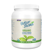 NOW Foods BetterStevia front pouch showing brand and organic claim, highlights convenience