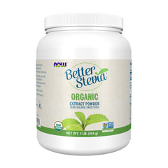 NOW Foods BetterStevia front pouch showing brand and organic claim, highlights convenience