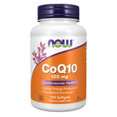 NOW Foods front bottle shot showing CoQ10 100 mg for easy identification and trust