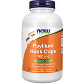 NOW Foods frasco frontal de Psyllium Husk Caps mostrando cantidad y ventajas
