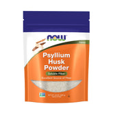NOW Foods empaque frontal del polvo psyllium, presentación clara y beneficios de fibra