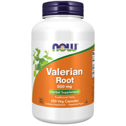 NOW Foods frasco frontal del suplemento Valerian Root mostrando etiqueta clara y 250 cápsulas