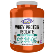 NOW Foods front packaging showing 5-pound tub and chocolate flavor benefit clarity