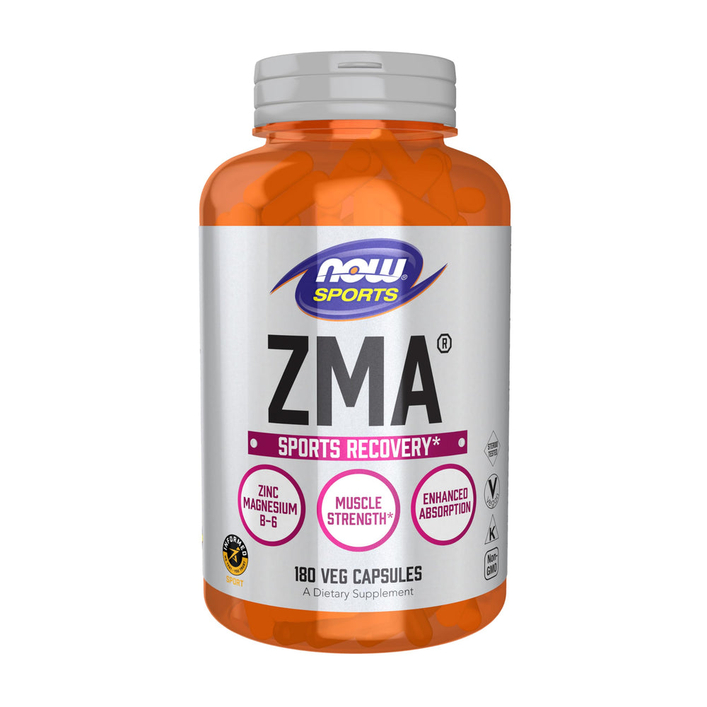 NOW Foods ZMA vista frontal del frasco que muestra el producto y cantidad