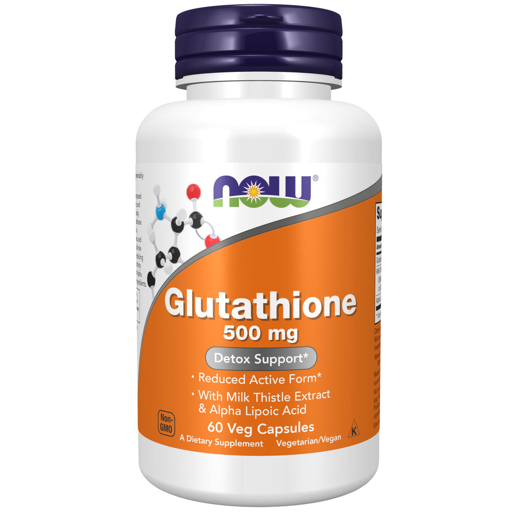 NOW Foods envase frontal del glutatión 500 mg mostrando la marca y beneficios