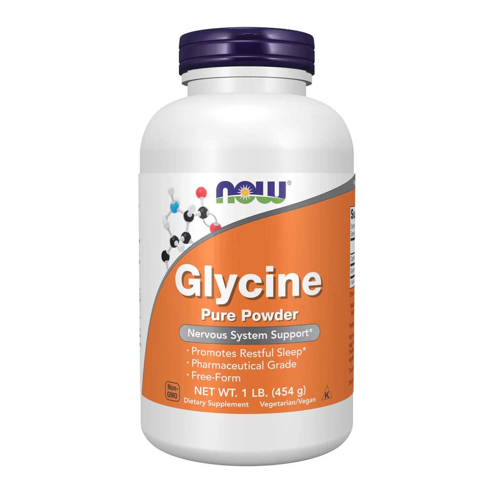 NOW Foods envase frontal de Glycine Pure Powder mostrando diseño y tamaño