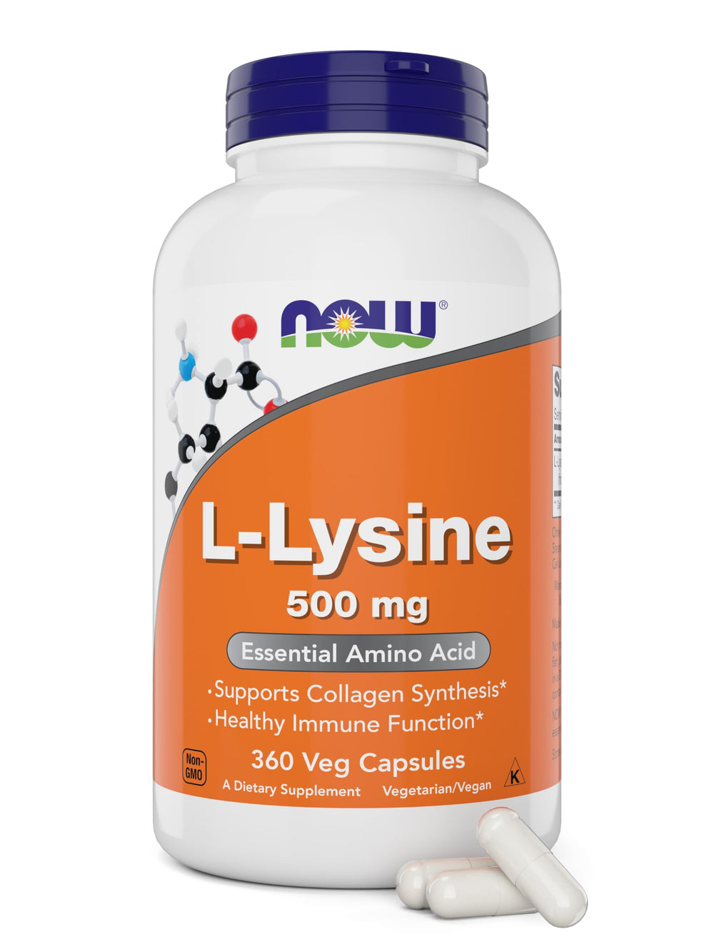 NOW L-Lysine envase frontal mostrando 360 cápsulas y etiquetas claras