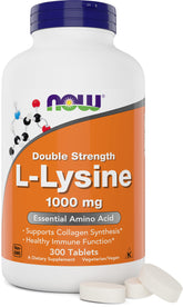 NOW Foods envase frontal de L-Lysine 1000 mg mostrando 300 tabletas, fácil identificación