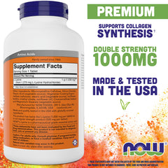 NOW Foods primer plano de tabletas prensadas de lisina, formato compacto y portátil