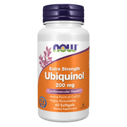 NOW Ubiquinol 200 mg frasco frontal mostrando la marca y concentración, beneficio claridad