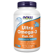 NOW Foods bottle front view showing Ultra Omega-3 supplement benefits and size