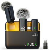 NPTCL charging case open showing two wireless lavalier mics and storage for portability and charging