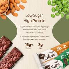 NuGo Slim barra empaquetada mostrando sello vegano y bajo azúcar