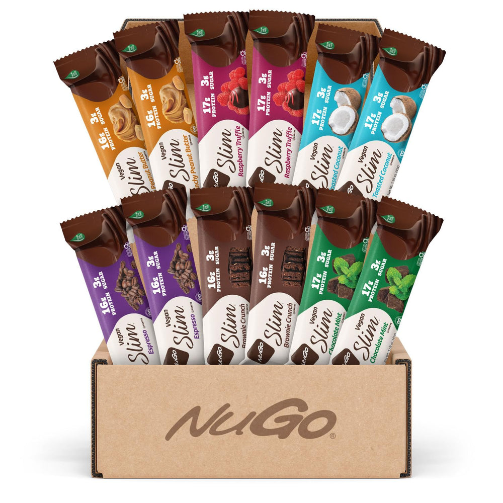 NuGo Slim caja muestra frontal mostrando 12 barras y conveniencia