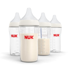 NUK biberón frente paquete de 4 mostrando diseño y capacidad