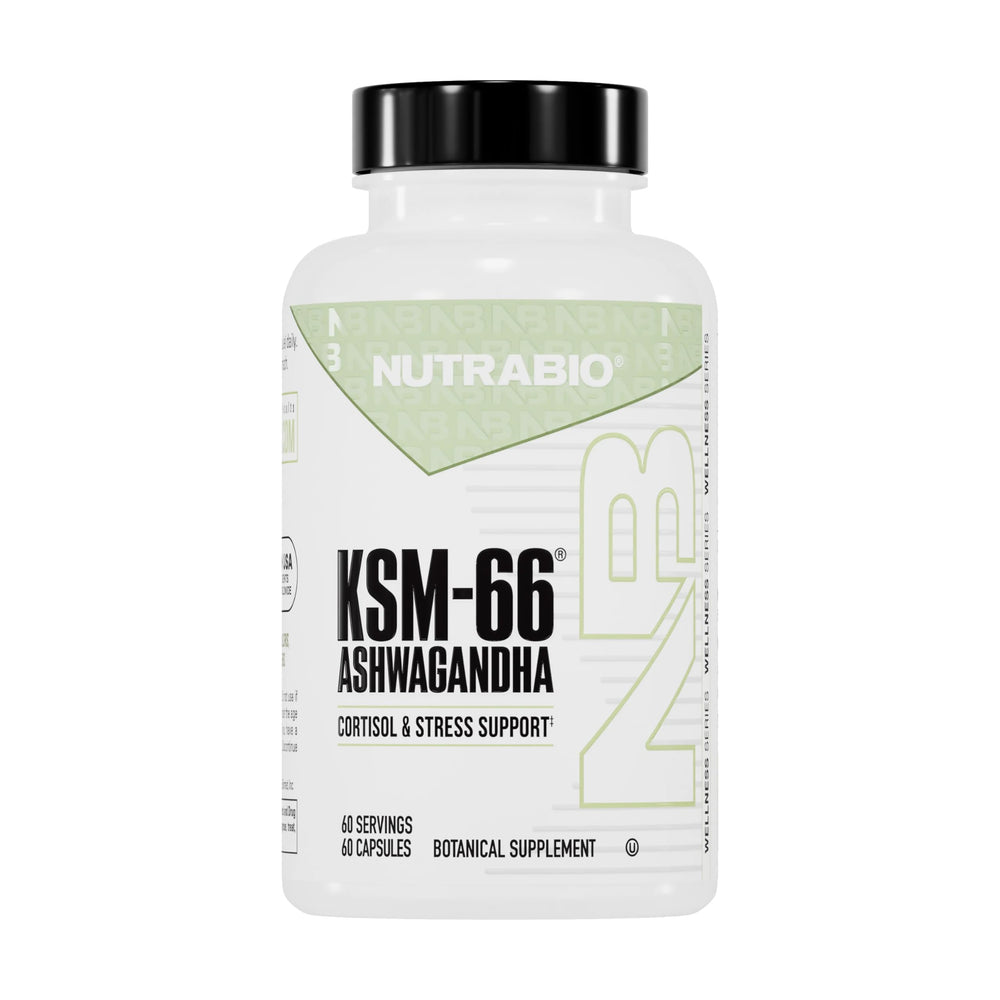 NutraBio botella frontal mostrando suplemento Ashwagandha KSM-66 y confianza