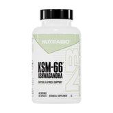 NutraBio botella frontal mostrando suplemento Ashwagandha KSM-66 y confianza