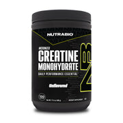 NutraBio envase frontal de creatina pura destacando volumen de 500 g y beneficio de pureza