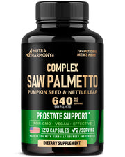 NUTRAHARMONY frasco frontal con Saw Palmetto 640 mg y beneficios visibles