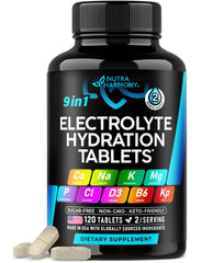 NUTRAHARMONY envase frontal mostrando 120 tabletas y beneficios de electrolitos