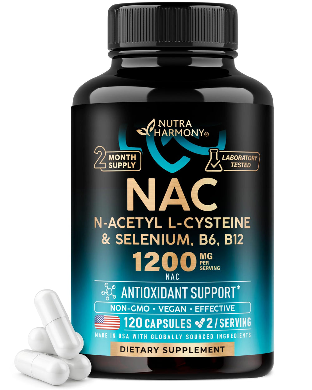 NUTRAHARMONY envase frontal de NAC 1200 mg mostrando etiqueta clara y confianza
