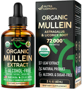 NUTRAHARMONY front bottle image showing organic mullein drops and convenience