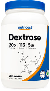 Nutricost front packaging showing 5 lb dextrose tub and label clarity benefit