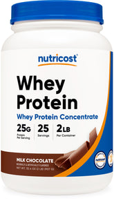 Nutricost envase frontal Whey Protein Concentrate mostrando sello Non-GMO y sin gluten