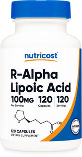 Nutricost frasco frontal de R-Alpha Lipoic Acid mostrando etiqueta clara y beneficio de pureza