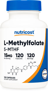 Nutricost envase frontal L‑Methylfolate mostrando marca y beneficio de pureza