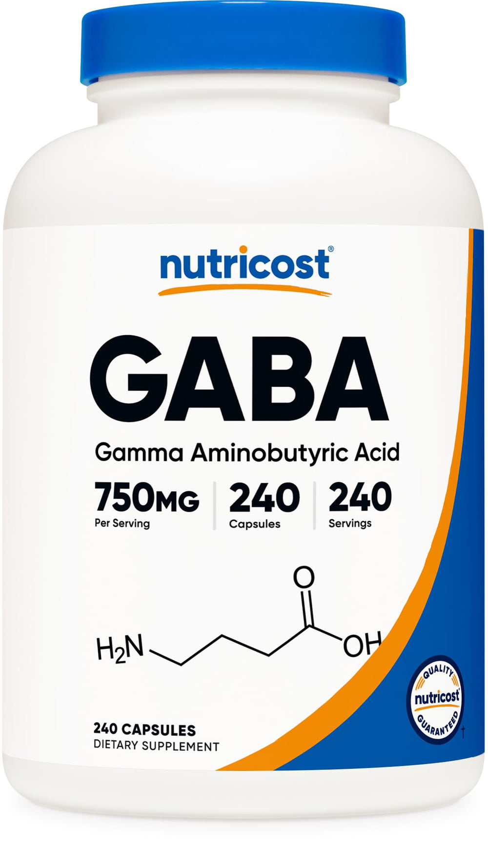 Nutricost frasco GABA 750 mg frente mostrando diseño y cantidad
