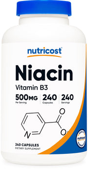 Nutricost frasco frontal de Niacin 500 mg mostrando etiqueta y cantidad 240 cápsulas