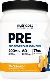 Nutricost front label showing Peach Mango flavor and scoop count, easy purchase decision